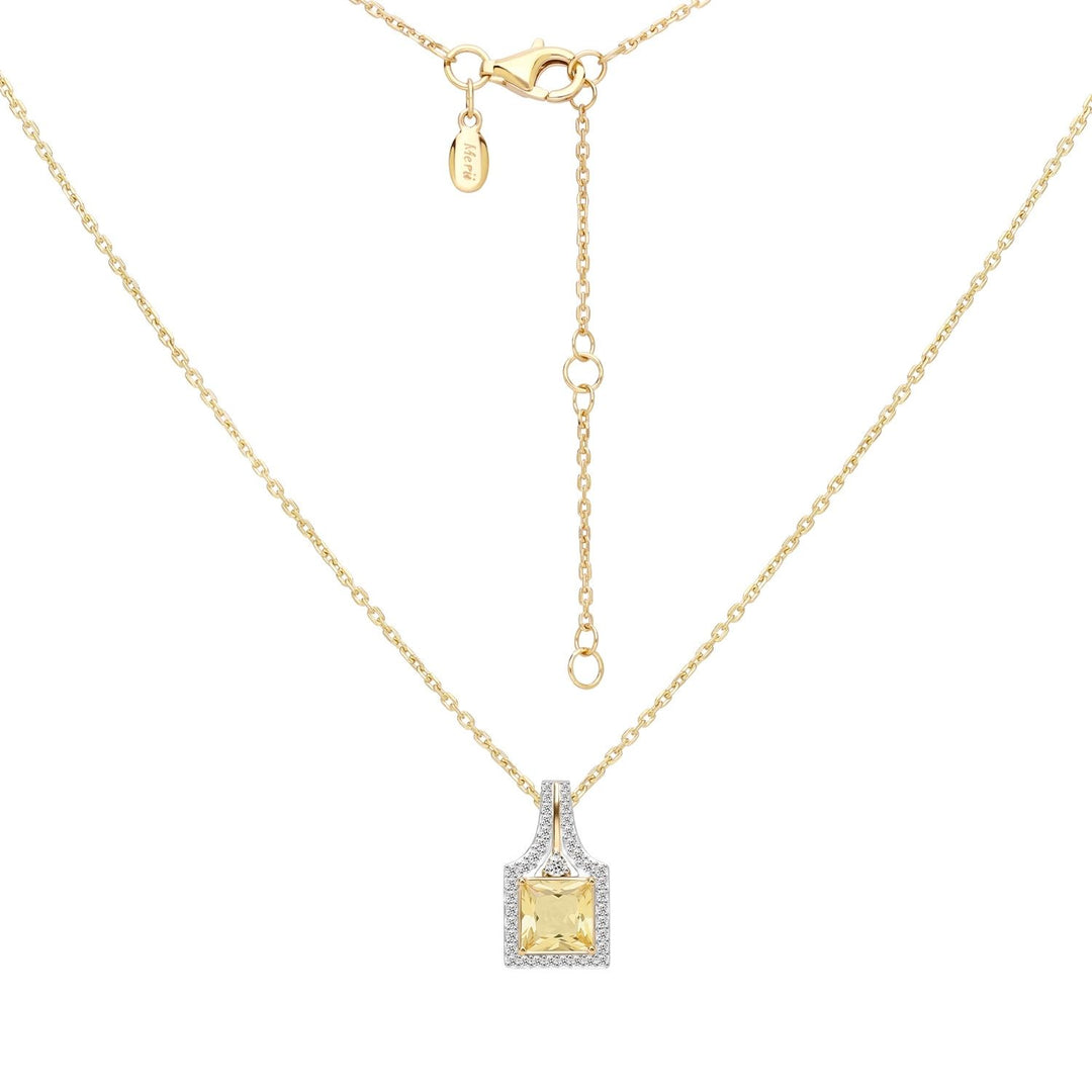 Decorum: Sterling Silver 23K Gold Plated Citrine Nanocrystal Princess Cut Halo Pendant Necklace