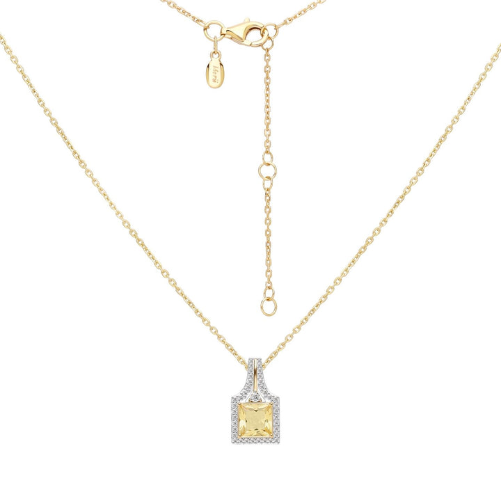 Decorum: Sterling Silver 23K Gold Plated Citrine Nanocrystal Princess Cut Halo Pendant Necklace