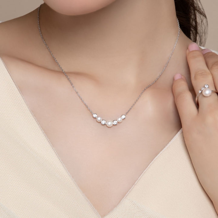 Classic Pearl: Silver Rhodium Round Cut CZ & Pearl Cluster Necklace