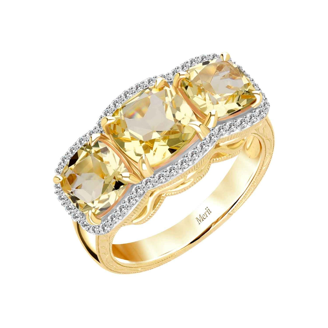Decorum: แหวนเงินชุบทองประดับ Citrine Nanocrystal ทรง Cushion 3 เม็ด ล้อมเพชร CZ