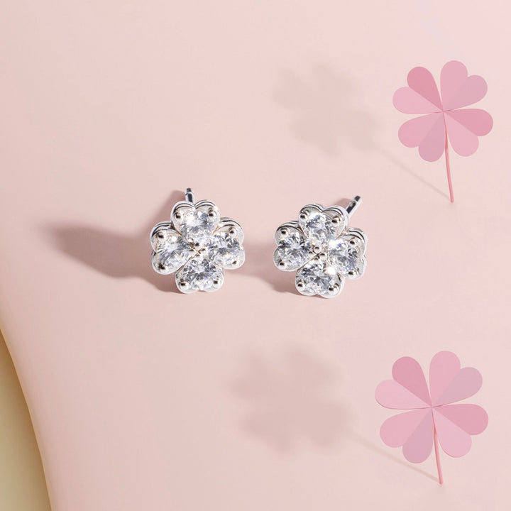 221E0491-01_Silver CZ four leaf heart clover stud earrings