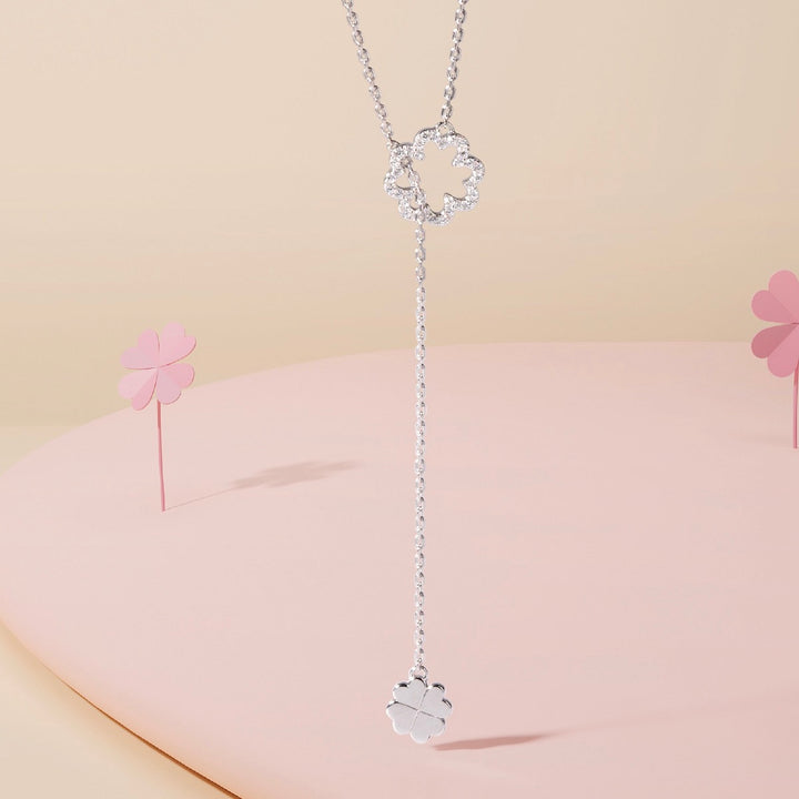 221N0343-01_Silver CZ four leaf heart clover threader necklace