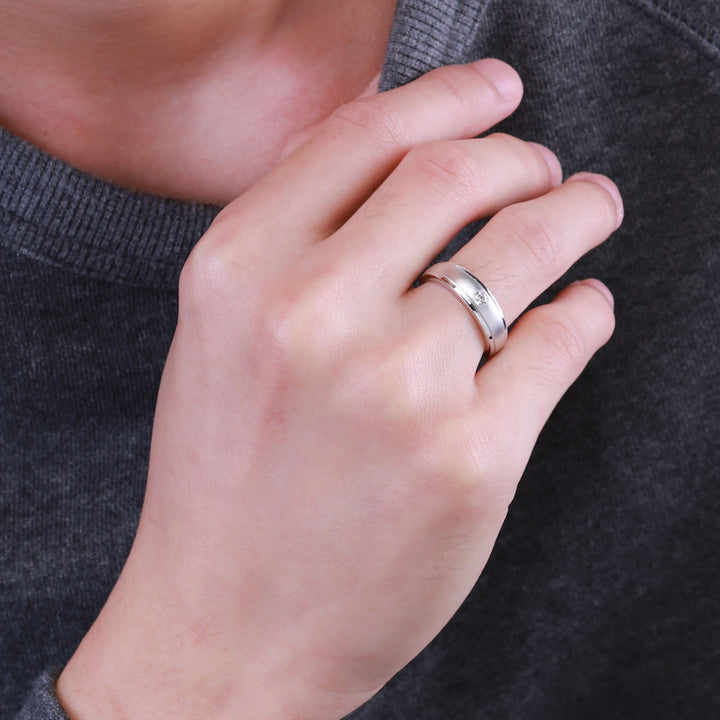 Couple Rings: Silver rhodium plated 4.2 mm 100 cuts CZ sandblasted band ring