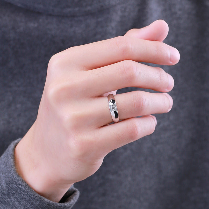 Couple Rings: Silver rhodium plated 5.2 mm 100 cuts CZ embedded band ring