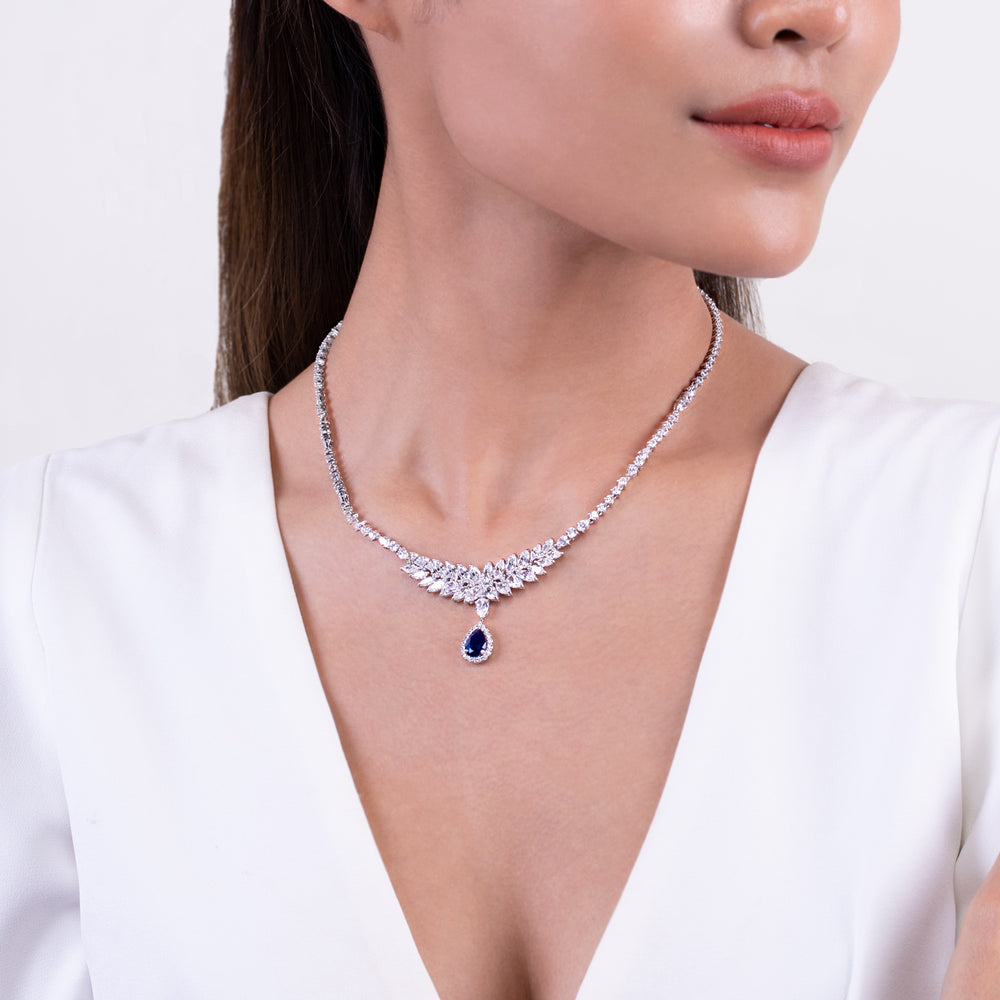 225N0130_01_Laureate_925_Sterling_silver_blue_&_white_cubic_zirconia_fancy_shape_cluster_bridal_necklace