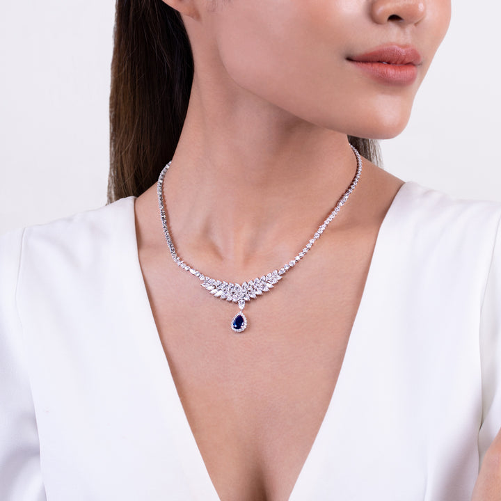 225N0130_01_Laureate_925_Sterling_silver_blue_&_white_cubic_zirconia_fancy_shape_cluster_bridal_necklace