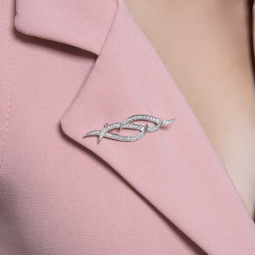 Classic: Silver Rhodium Flowing CZ Ribbon Brooch