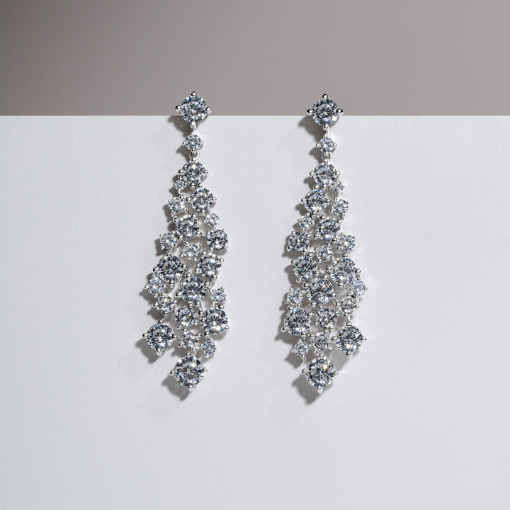 100 Cuts: Silver rhodium plated round cut 100 facet CZ chandelier earrings