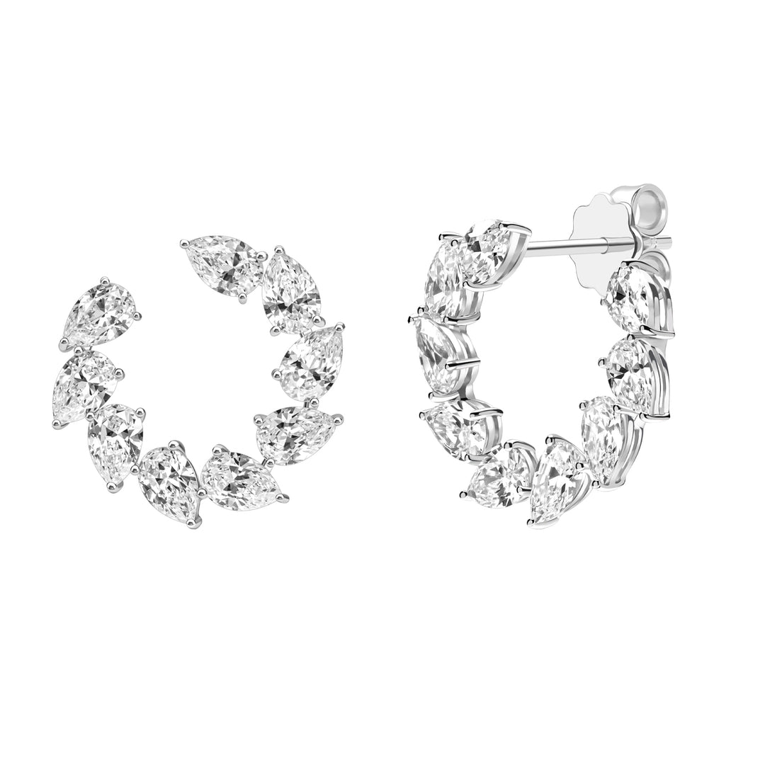 Laureate: Silver Rhodium Plated Victory Laurel Pear-Cut CZ J-Hoop Stud Earrings