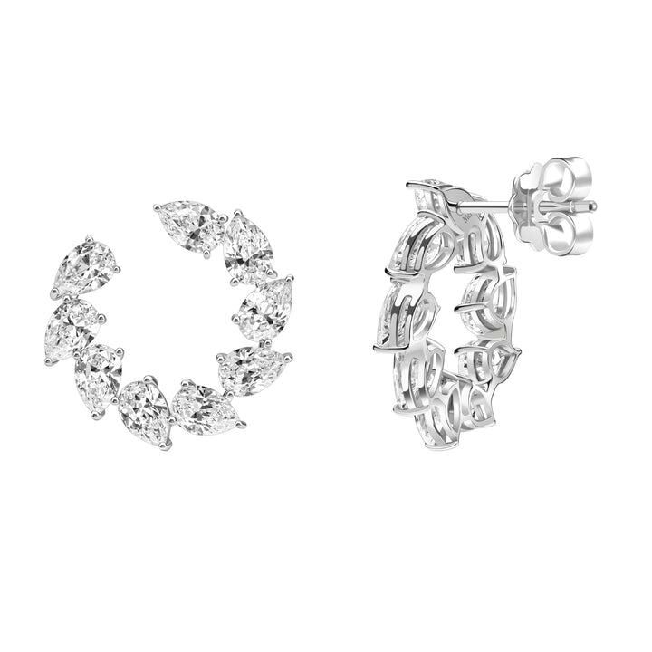 Laureate: Silver Rhodium Plated Victory Laurel Pear-Cut CZ J-Hoop Stud Earrings