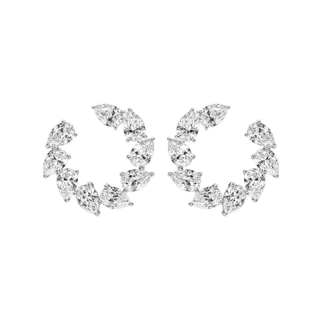 Laureate: Silver Rhodium Plated Victory Laurel Pear-Cut CZ J-Hoop Stud Earrings