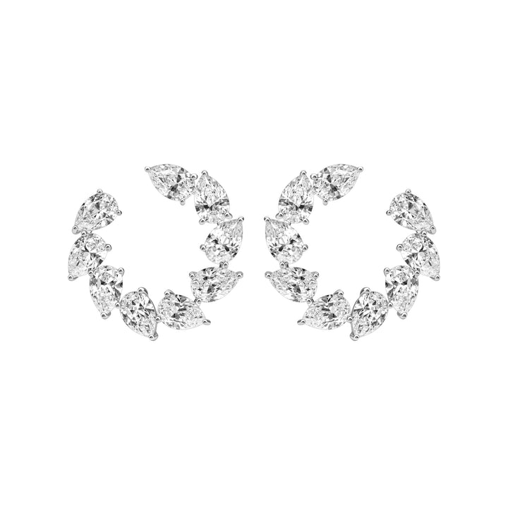 Laureate: Silver Rhodium Plated Victory Laurel Pear-Cut CZ J-Hoop Stud Earrings