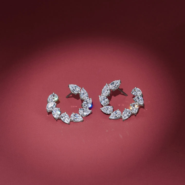 Laureate: Silver Rhodium Plated Victory Laurel Pear-Cut CZ J-Hoop Stud Earrings