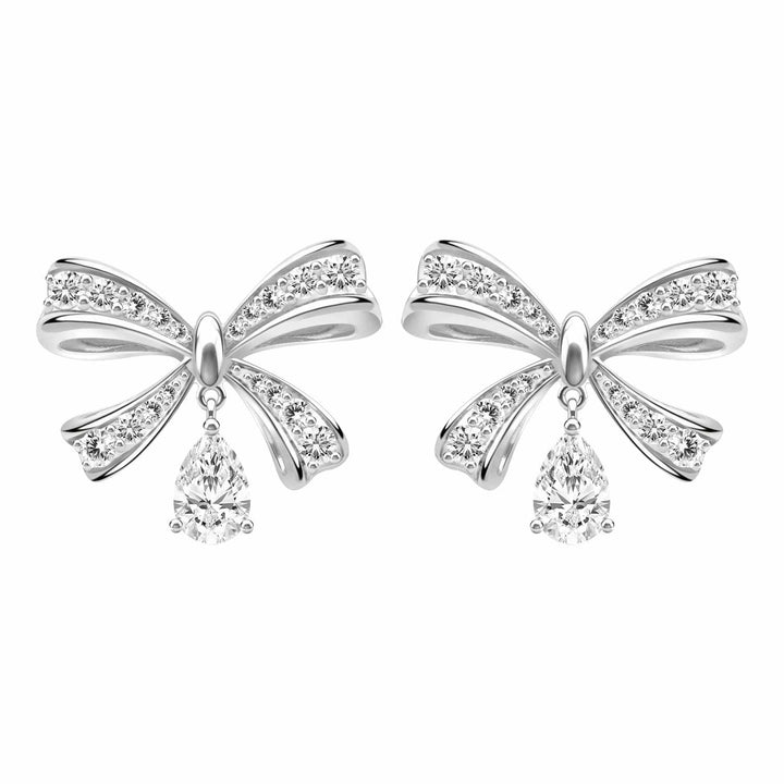 Ballerina: Sterling Silver Rhodium Plated Pear Cut CZ Bow Stud Earrings