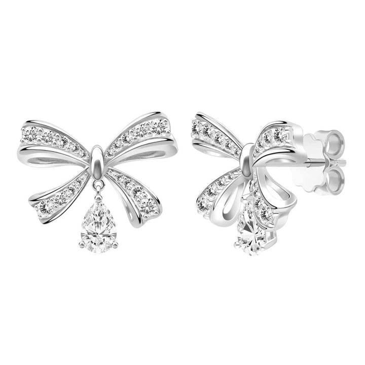 Ballerina: Sterling Silver Rhodium Plated Pear Cut CZ Bow Stud Earrings