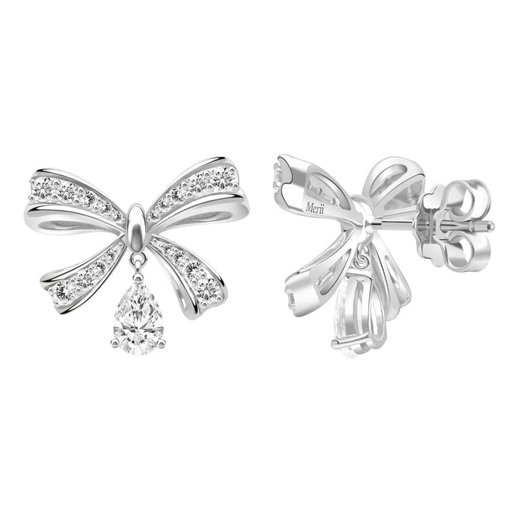 Ballerina: Sterling Silver Rhodium Plated Pear Cut CZ Bow Stud Earrings