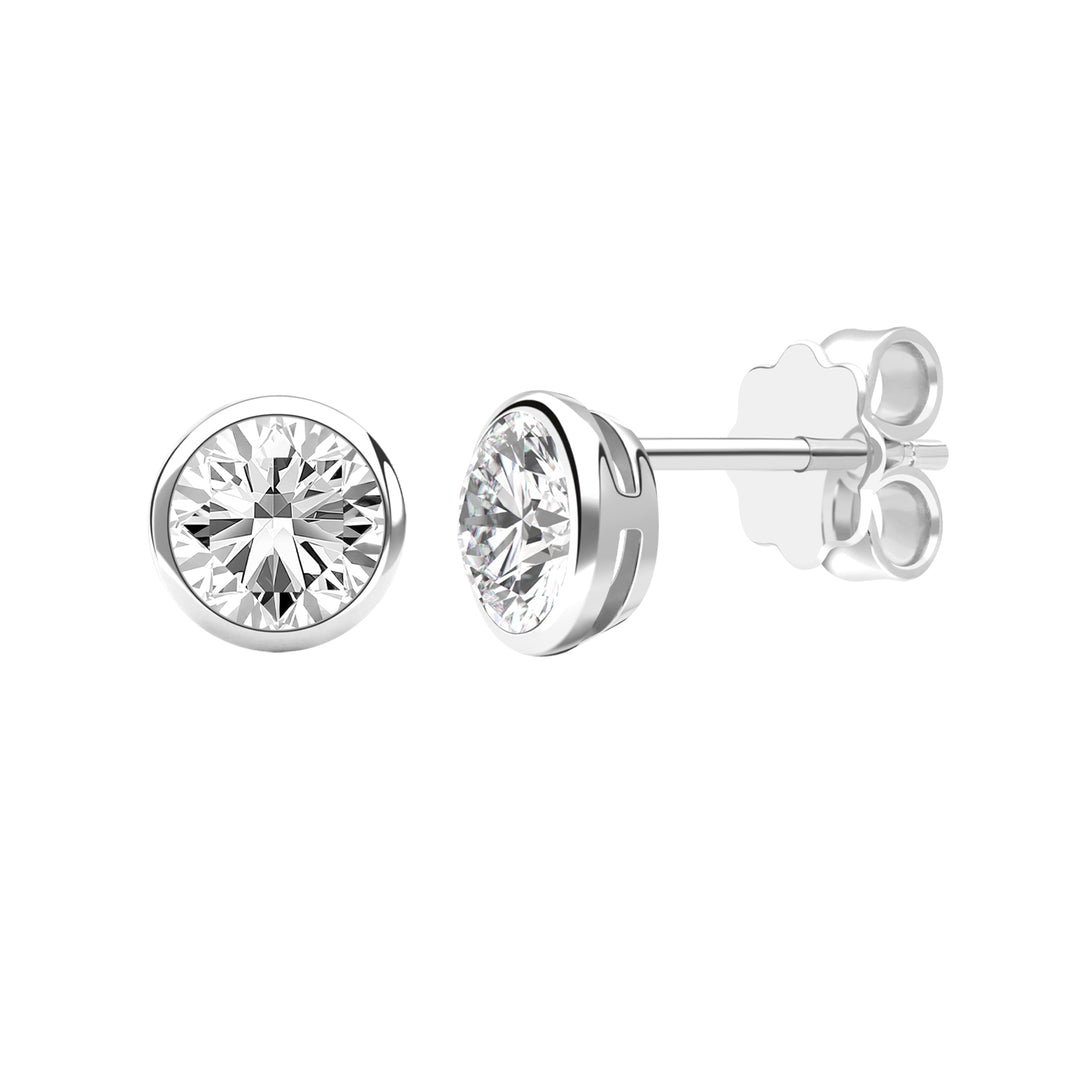 Little piece of me: Silver Rhodium Plated with 100 Facets Round CZ Bezel Set Stud Earrings