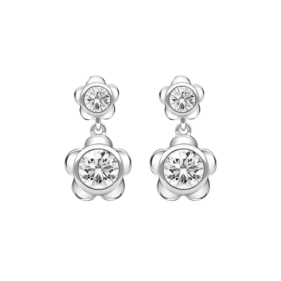 Forget Me Not: Silver rhodium plated 4.25 mm round cut CZ flower drop drop earrings