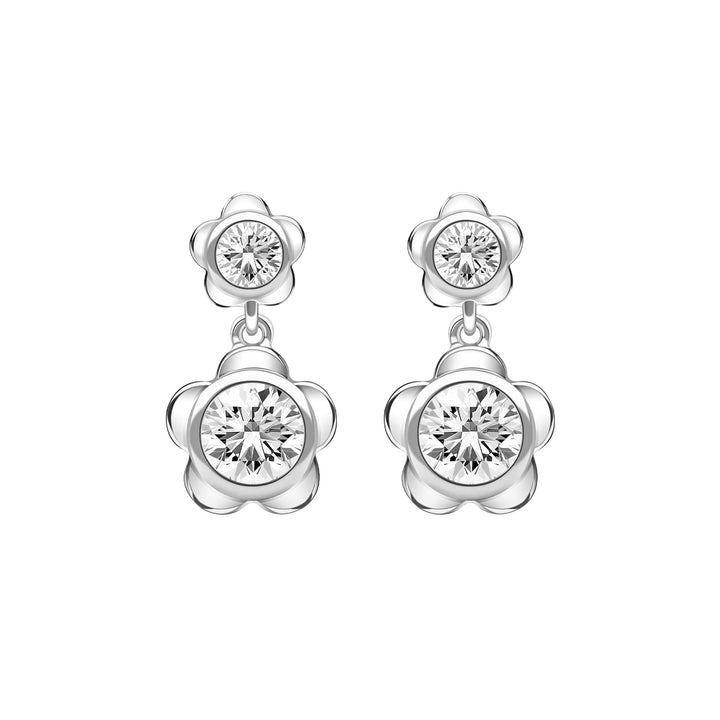 Forget Me Not: Silver rhodium plated 4.25 mm round cut CZ flower drop drop earrings