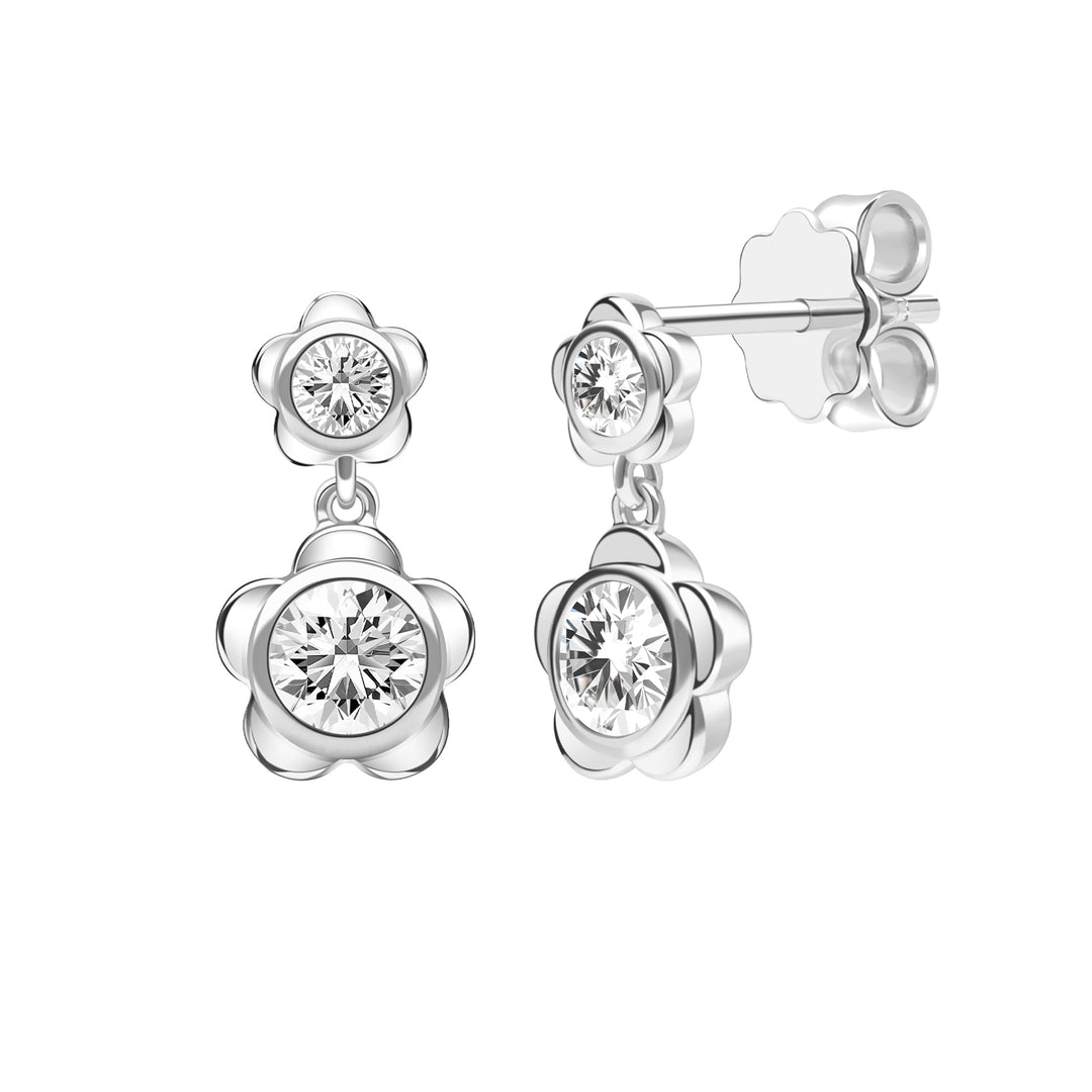 Forget Me Not: Silver rhodium plated 4.25 mm round cut CZ flower drop drop earrings