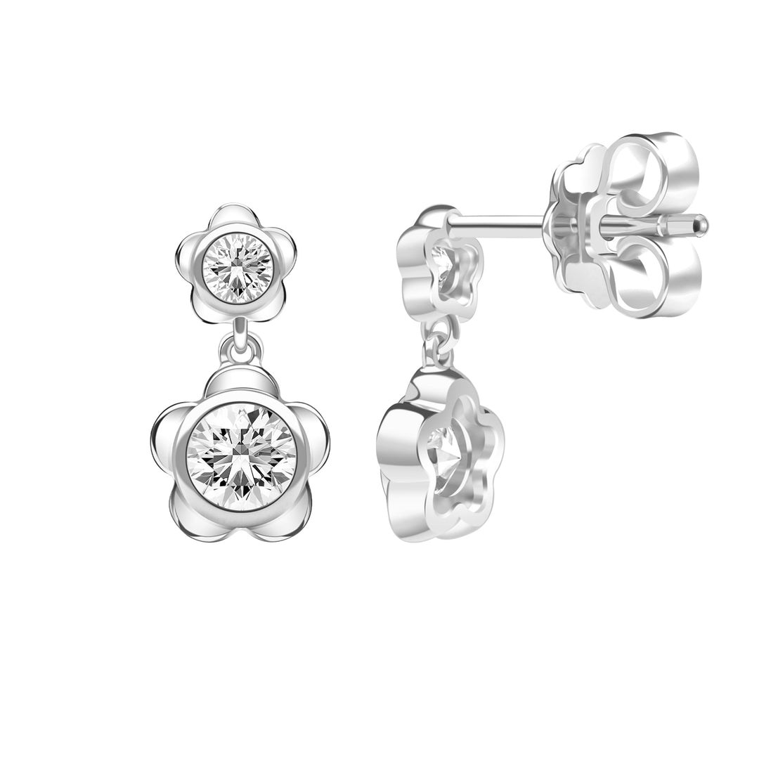 Forget Me Not: Silver rhodium plated 4.25 mm round cut CZ flower drop drop earrings