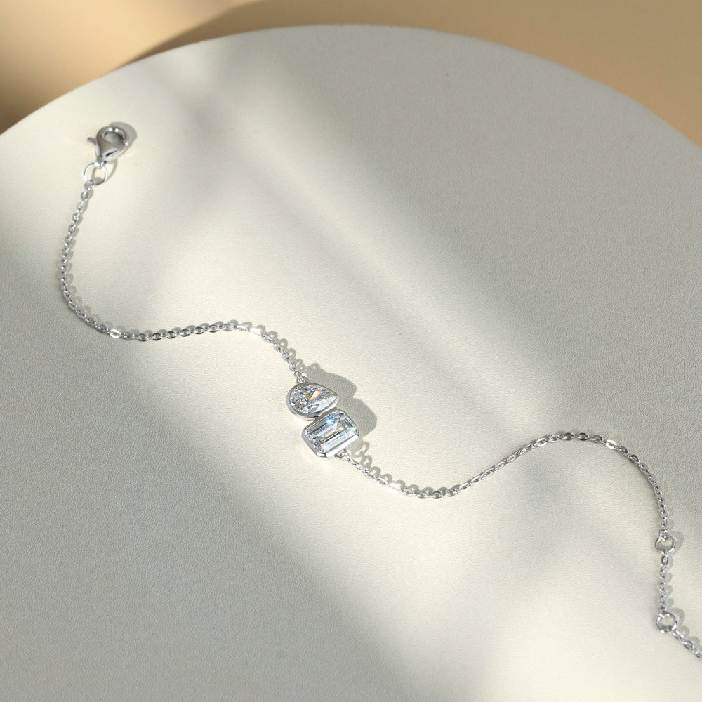 Little piece of me: Silver Rhodium Plated with Dual Shape Pear and Octagon Geometric CZ Station Bracelet