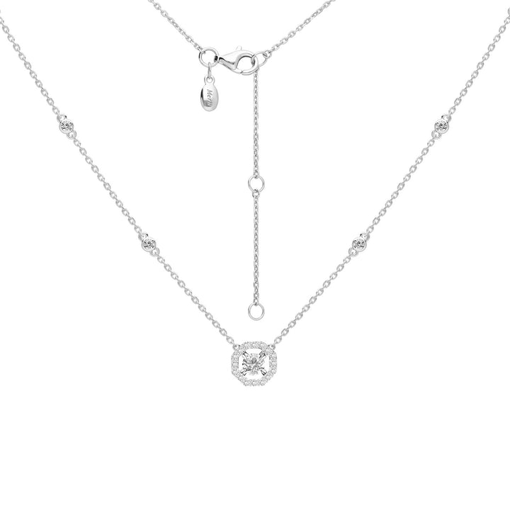 100 Cuts: Silver rhodium plated 5 mm 100 facets CZ round halo pendant with 16" chain necklace