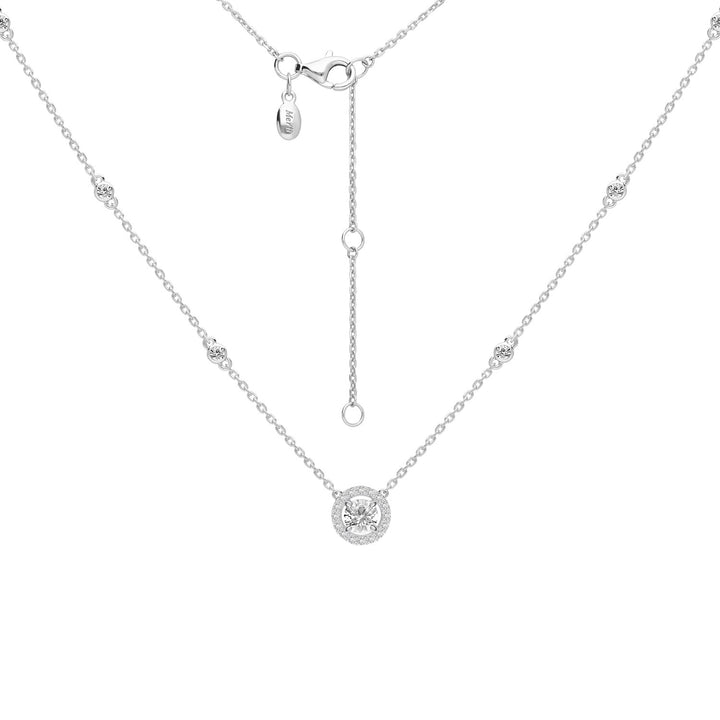 100 Cuts: Silver rhodium plated 5 mm 100 facets CZ crossover halo pendant with 16" chain necklace