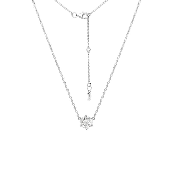 100 Cuts: Silver rhodium plated 6.5 mm round cut 100 facet CZ solitaire pendant with 16" necklace