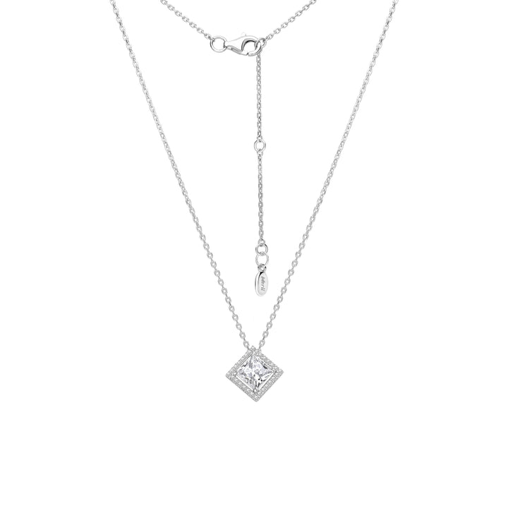 Classic Silver Rhodium Plated Lozenge Design Princess Cut CZ Halo Pendant with 16" Chain Necklace