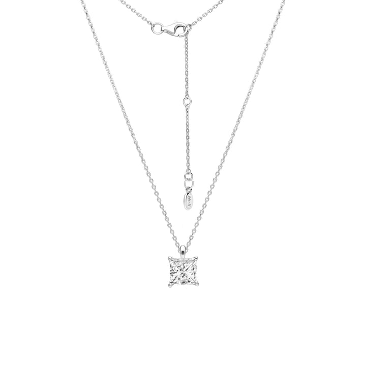 Classic Silver Rhodium Plated Square Design Princess Cut CZ Pendant with 16" Chain Necklace