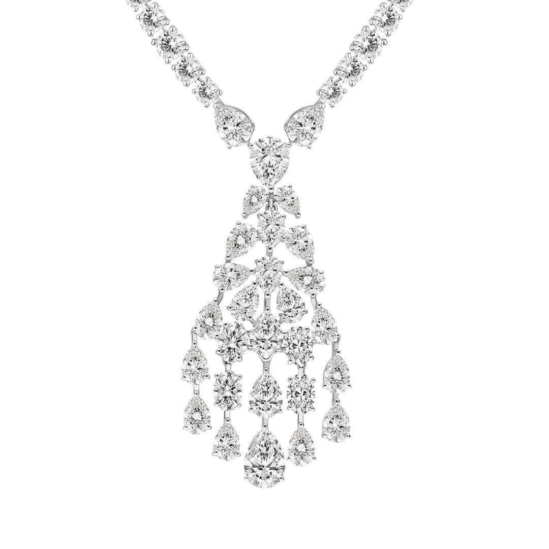 Laureate: Silver Rhodium Plated Stellar Chandelier Mixed-Shape CZ, 16" Necklace Drop Design