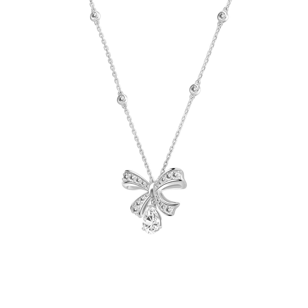 Ballerina: Sterling Silver Rhodium Plated Pear Cut CZ Bow Necklace