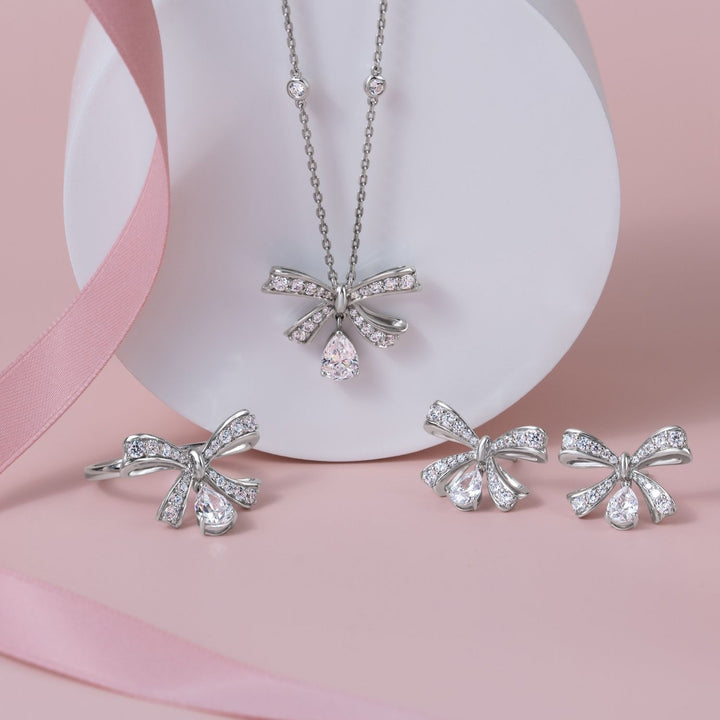 Ballerina: Sterling Silver Rhodium Plated Pear Cut CZ Bow Necklace