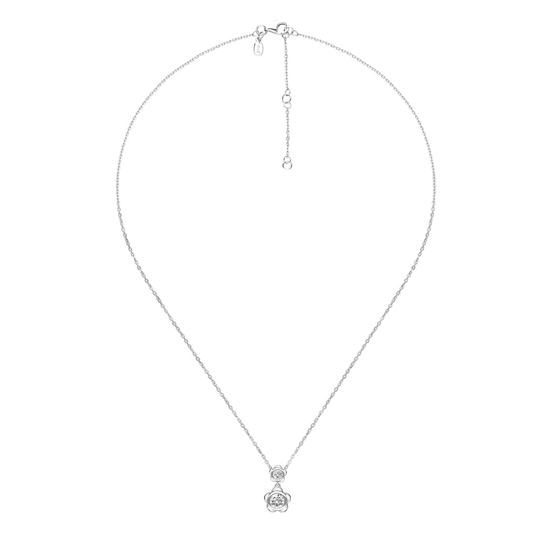 Forget Me Not: Silver rhodium plated 4.25 mm round cut CZ flower pendant with 16" chain necklace