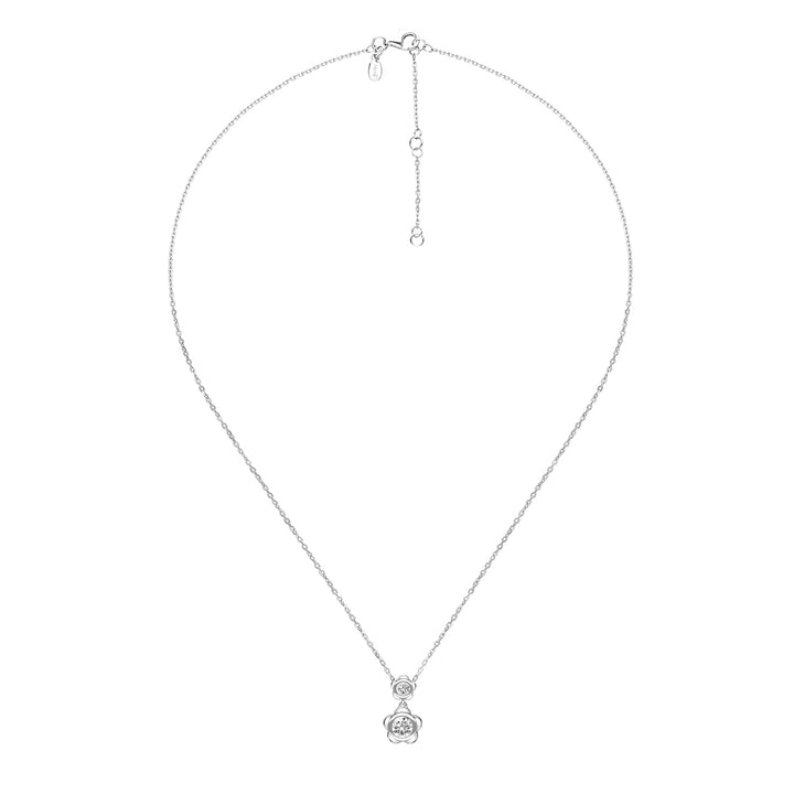 Forget Me Not: Silver rhodium plated 4.25 mm round cut CZ flower pendant with 16" chain necklace