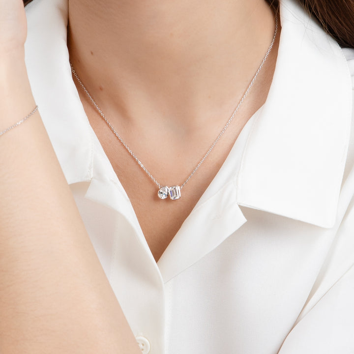 Little piece of me: Silver Rhodium Plated with Dual Shape Pear and Octagon Geometric CZ Pendant, 16" Cable Chain