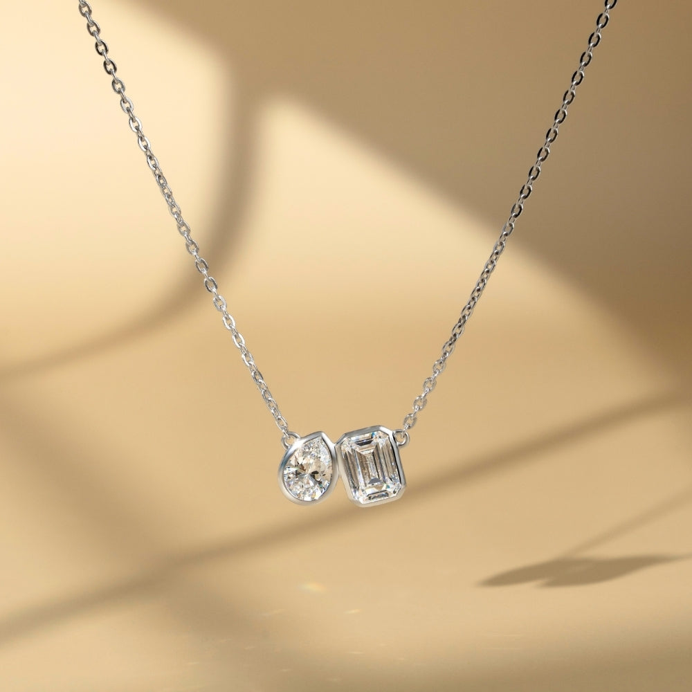 Little piece of me: Silver Rhodium Plated with Dual Shape Pear and Octagon Geometric CZ Pendant, 16" Cable Chain
