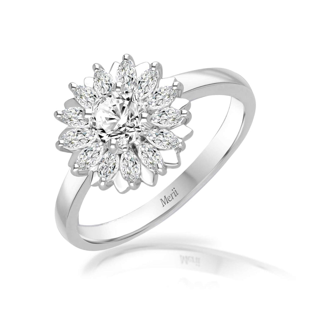 Sunflower: Sterling silver rhodium-plated multi-cut CZ sunflower ring