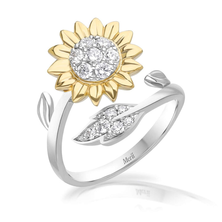 Sunflower: Sterling silver two-tone gold plated round cut CZ sunflower ring