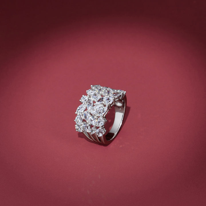 Laureate: Silver Rhodium Plated Four-Row Multi-Shape Mixed Cut CZ Eternity Band Ring