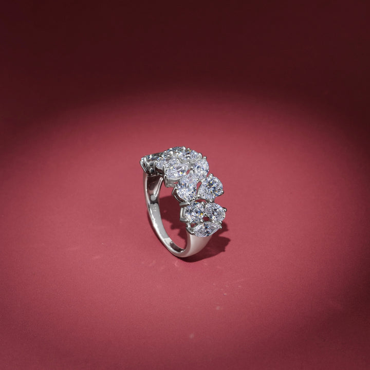 Laureate: Silver Rhodium Plated Double-Row Multi-Shape Mixed Cut CZ Eternity Band Ring