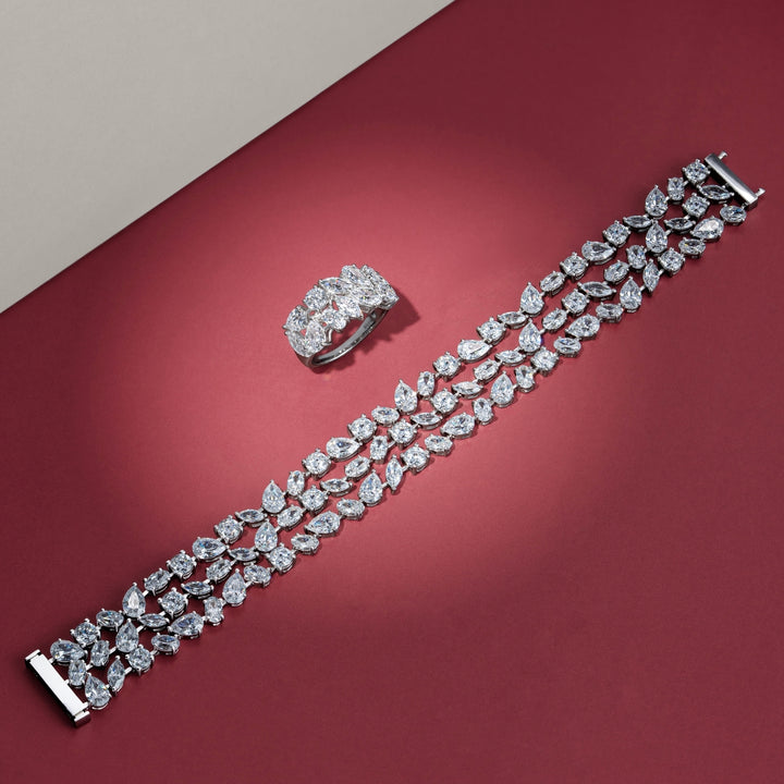 Laureate: Silver Rhodium Plated Four-Row Multi-Shape Mixed Cut CZ Eternity Band Ring