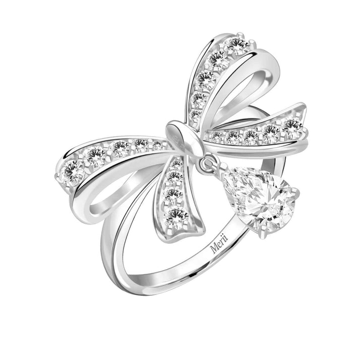 Ballerina: Sterling Silver Rhodium Plated Pear Cut CZ Bow Ring