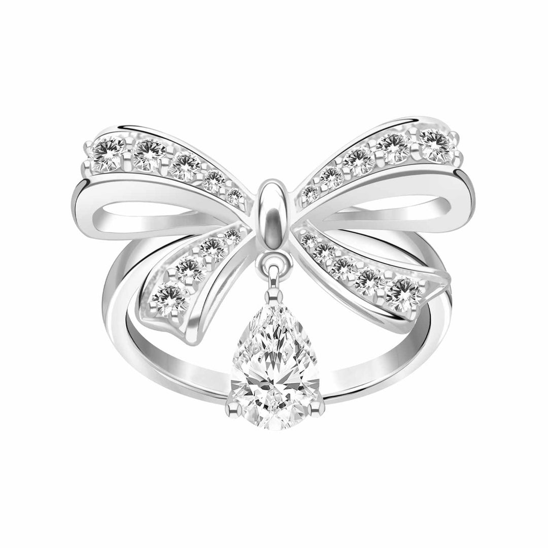Ballerina: Sterling Silver Rhodium Plated Pear Cut CZ Bow Ring