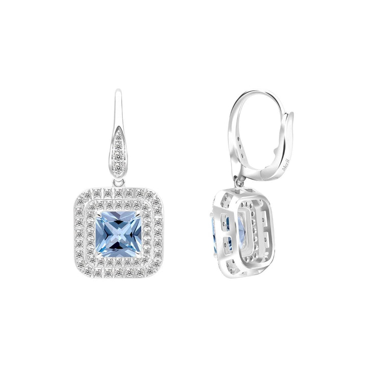 Decorum: ต่างหูเงินประดับ Synthetic Aquamarine Spinel ทรง Radiant Cut ล้อมเพชร CZ
