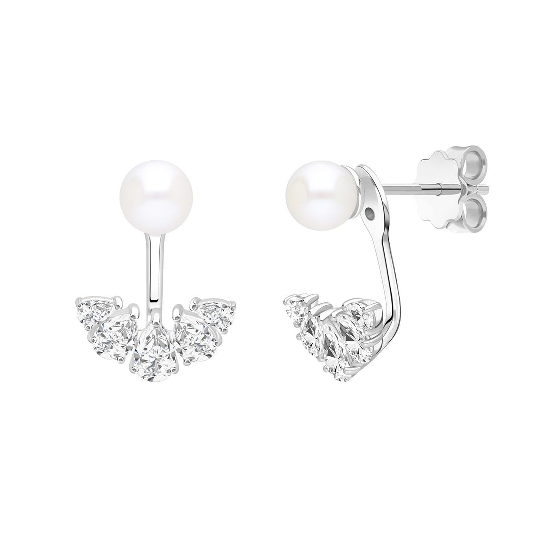 Classic Pearl: ต่างหูแจ็คเก็ตเงินชุบโรเดียม ประดับไข่มุกน้ำจืดและ Pear Cut CZ รูปพัด