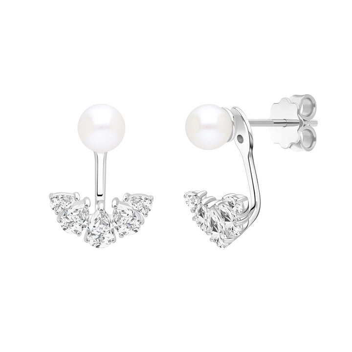 Classic Pearl: ต่างหูแจ็คเก็ตเงินชุบโรเดียม ประดับไข่มุกน้ำจืดและ Pear Cut CZ รูปพัด