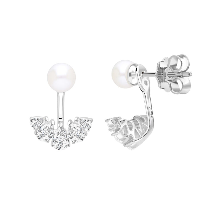 Classic Pearl: ต่างหูแจ็คเก็ตเงินชุบโรเดียม ประดับไข่มุกน้ำจืดและ Pear Cut CZ รูปพัด