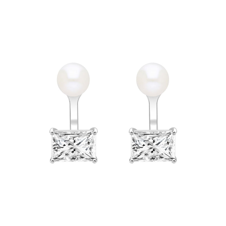 Classic Pearl: Silver Rhodium Princess Cut CZ & Freshwater Pearl Ear Jacket Earrings